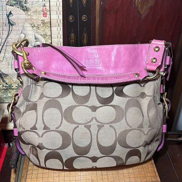 Coach Hobo Shoulder Bag Pink Leather Brown Monogram 12”Wx12”Hx5”W VGUC - Picture 6 of 17